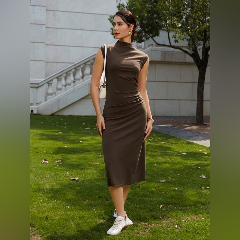 Mockneck Tucks Midi Dress that takes you anywhere with comfort and warmth SzS